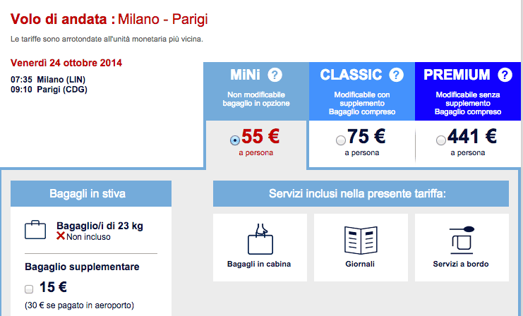 La schermata di prenotazione dei voli Air France con tariffa Mini, Classic e Premium