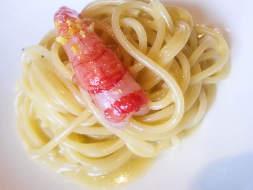 Spaghetti al pomodoro bianco con gambero.